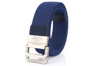 Detail of navy woven elastic belt featuring matte metal double-ring buckle and textured fiber