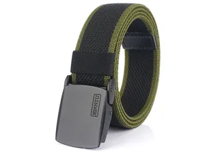 Close-up of dual-tone nylon elastic tactical belt with matte black metal buckle