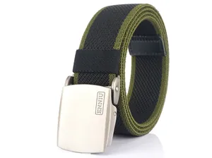 Macro detail of military green nylon web belt with silver matte metal buckle