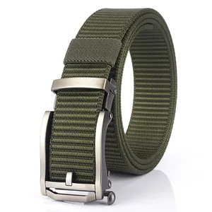 Army green tactical nylon belt with matte metal automatic buckle on white background