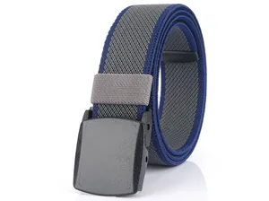 Detail of grey and navy braided elastic belt with a black YKK plastic buckle closure