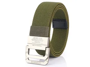 Detailed macro shot of army green woven stretch belt with matte silver double D-ring buckle