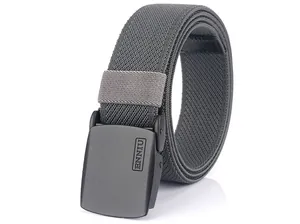 Detail of dark grey elastic woven belt with matte black metal buckle and logo
