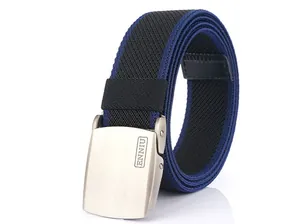 Detail of gray metal flat buckle and striped nylon elastic woven belt with logo