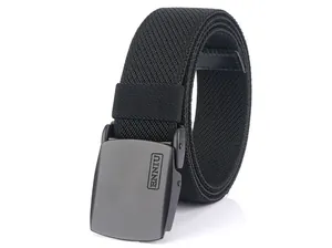 Detail of black elastic woven nylon tactical belt with a matte metal buckle and brand logo