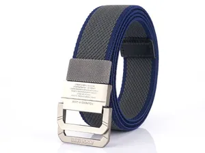 Detail of grey and blue woven nylon belt with brushed metal buckle and engraved text