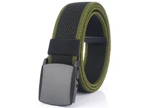 Close-up of military green and black elastic woven belt with durable YKK plastic buckle