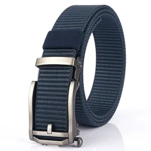 Men's navy nylon web belt with a matte metal automatic buckle and woven texture
