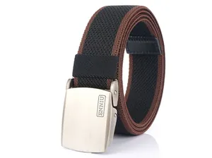 Detailed macro view of dual-color woven canvas belt texture and brushed metal buckle