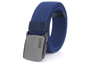 Detail of navy blue elastic woven belt with matte grey automatic buckle featuring ENNIU logo