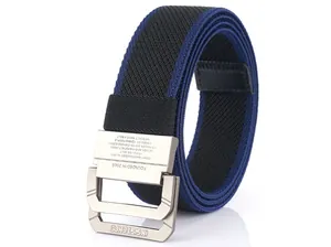 Detail of nylon woven belt buckle with metallic texture and engraved text