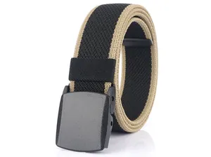 Detail of woven elastic belt with YKK buckle and black khaki nylon strap texture