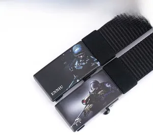 Detail of tactical nylon canvas belts with alloy automatic buckles and sniper graphics