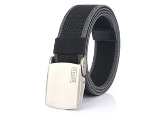 Close-up of brushed silver metal buckle and grey woven canvas texture of the belt
