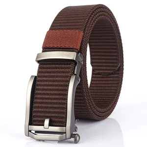 Tactical brown nylon webbing belt with dark grey matte metal automatic buckle for men