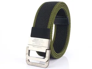 Macro shot of tactical nylon belt with metal double buckle and green-black weave texture
