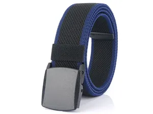Detailed view of elastic woven belt with YKK buckle and navy blue striped nylon fabric