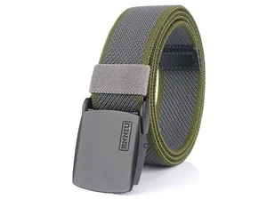 Detail of army green and grey tactical nylon belt with matte black metal buckle and logo
