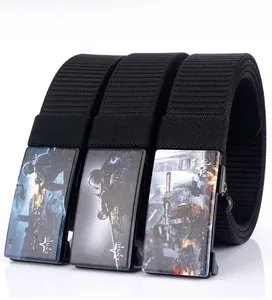 Three heavy-duty nylon belts with tactical metal automatic buckles and military motifs