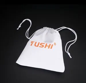 White microfiber drawstring storage pouch with orange TUSHI logo on a black background