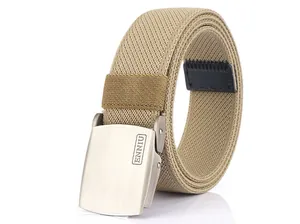 Detail of khaki nylon belt with a brushed silver metal buckle and clear fabric texture