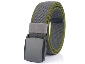 Detail of olive green and dark grey woven stretch belt with black matte plastic YKK buckle