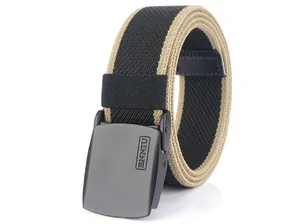 Detail view of two-tone woven canvas belt with a matte black metal buckle and logo