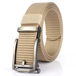Men's khaki tactical nylon canvas belt with a brushed metal automatic buckle for outdoor