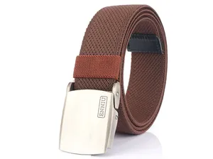 Detail of dark brown elastic woven belt featuring a silver zinc alloy metal buckle