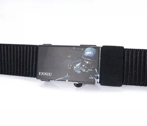 Close-up of black tactical nylon belt with zinc alloy quick-release buckle and logo