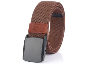 Close-up of deep brown elastic woven belt with black matte YKK buckle and twill texture