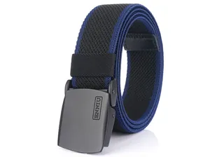 Close-up of black and blue striped elastic nylon belt with matte black metal buckle