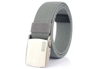 Close-up of grey woven belt with textured metal buckle and brand engraving detail