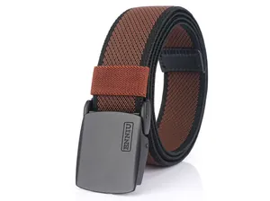Macro detail of elastic striped canvas belt with matte black buckle and ENNIU logo