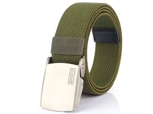 Detailed view of olive green elastic woven belt with brushed metal flat buckle and logo