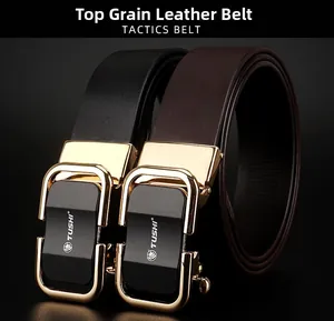 Ceinture pour homme en cuir véritable avec boucle automatique dorée en noir et marron