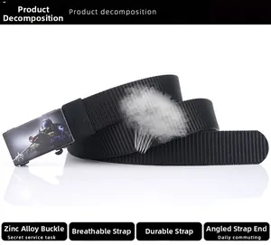 Detail showing breathable mesh fabric of black tactical nylon belt with zinc alloy buckle