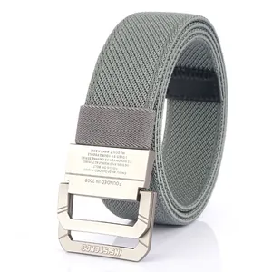Elastic nylon belt with double ring metal buckle and textured weave for casual wear