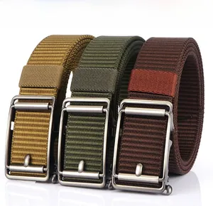Three colors of men's casual nylon belts with matte automatic buckles shown on plain background