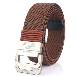 Classic dark brown woven nylon belt with matte metal double D-ring buckle and logo engraving