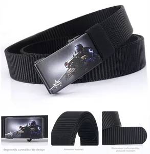 Close-up of durable woven nylon belt with ergonomic automatic buckle and sniper pattern