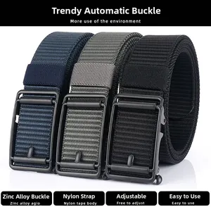 Three men's tactical nylon belts with zinc alloy automatic buckles in navy, grey, and black