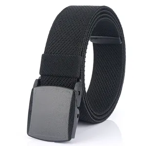 Men's black elastic woven belt with durable matte YKK plastic buckle on white background
