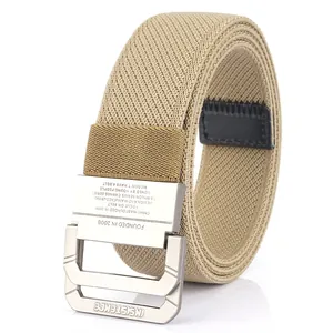 Classic double D-ring khaki nylon elastic woven belt for jeans with matte metal buckle
