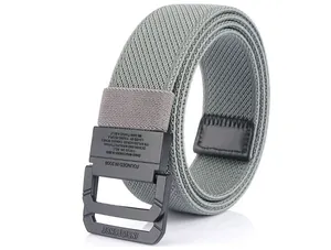 Detail of grey canvas belt featuring matte black double ring buckle and engraved text