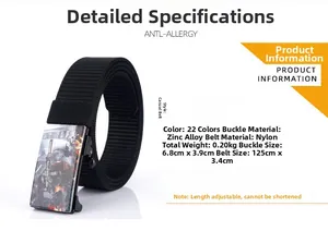Detail showing tactical nylon canvas belt specifications and painted zinc alloy buckle