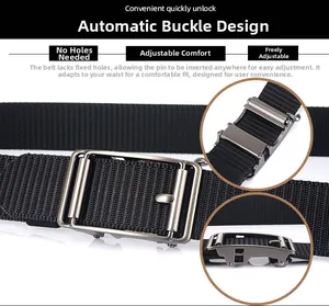 Detail of black nylon tactical belt showing automatic metal buckle and hole-less woven strap