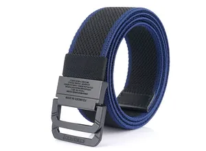 Detail of double ring matte metal buckle and woven canvas strap with blue trim