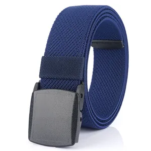 Navy blue elastic woven belt with black YKK matte buckle shown on a white reflective base