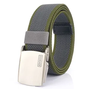Men's tactical nylon belt with military green woven strap and matte silver automatic buckle